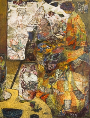 Peintre à l’atelier – 34*25.5 cm – Collages et Cire sur bois – 2010